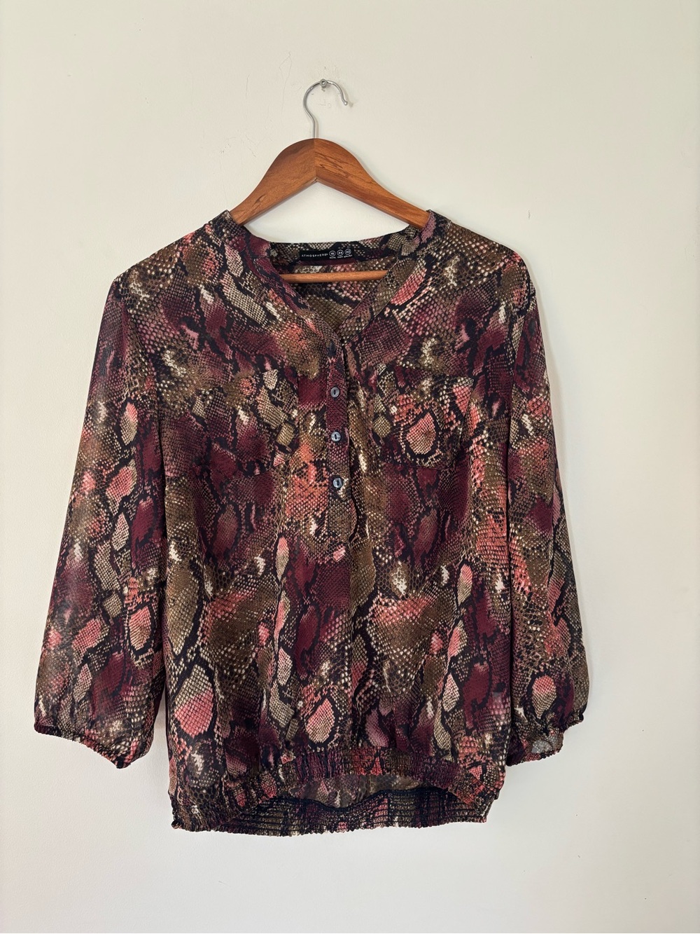 Atmosphere Burgundy and Brown Snake-Print Button Front Top Size 16